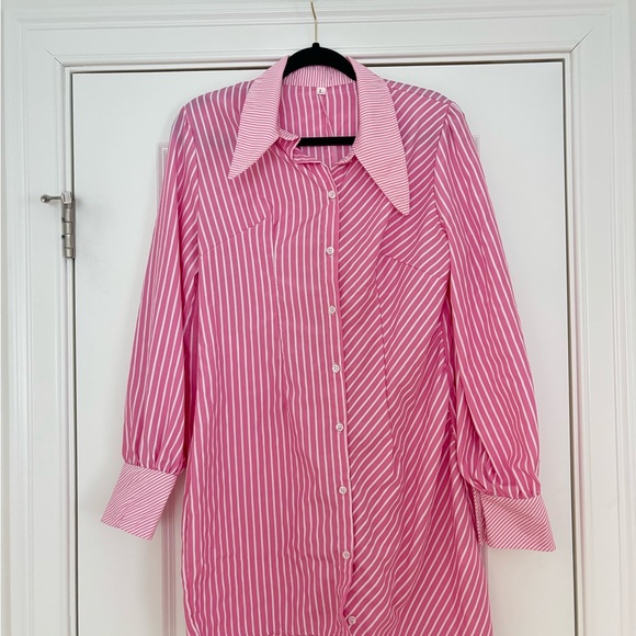 Pink & White Striped Button-Up Shirt Dress - Picture 3 of 9